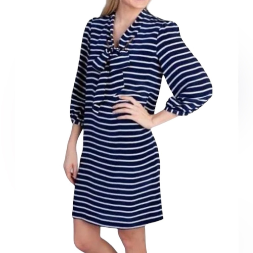 Annie Griffin Blue White Striped Silk Tie Neck Shift Dress XS Flaw